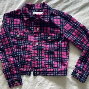 Plaid navy blue and hot pink denim jacket